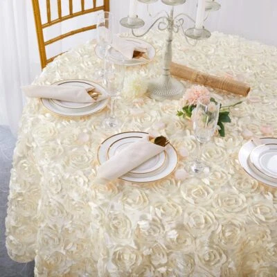 Floral Rosette Round Tablecloth 60 Inch Ivory for Wedding or Birthday Parties - Image 1 of 4