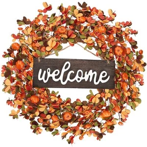Fall Wreath 20'' Autumn Front Door Harvest with Small Pumpkin Berry Round Lea... - Picture 1 of 7