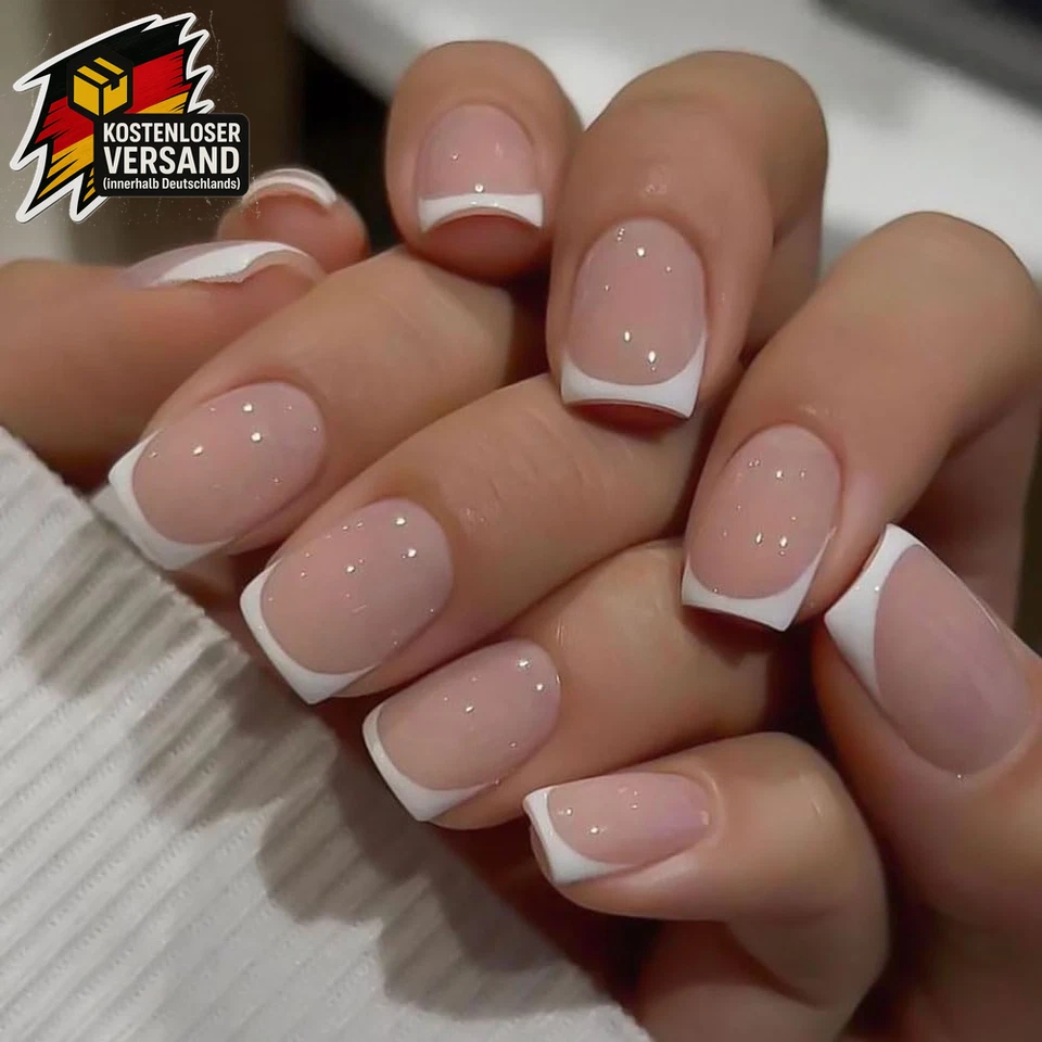 Kurz Eckig Press on Nails Nude French Fake Nails mit Kleber für Frauen Mädchen W - Bild 1 von 4