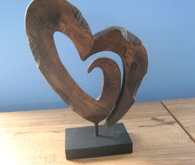 "Regalo de aniversario de boda tallado en madera abstracto amor corazón escultura arte popular 14""" Foto 1 de 3