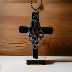 Wood Cross & Metal Necklace Large Simple Pendant & Chain Gothic Contemporary 4" - Picture 1 of 5
