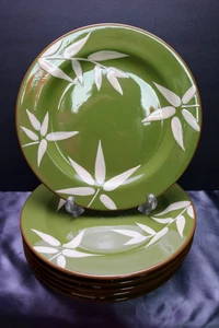 Florida Marketplace Green Bamboo Dinner Plates Set of 6 Brown Rim - Picture 1 of 4