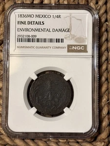 Mexico 1836 1/4 Real KM# 358 Copper Quartilla Coin NGC Fine Details - Picture 1 of 2