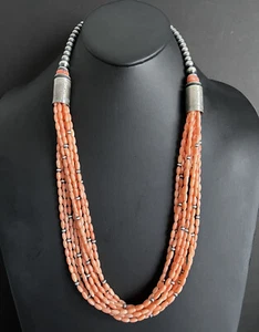 Sterling Silver Multi Strand Pink Coral W Pearls Bead Necklace 30 Inch - Picture 1 of 12