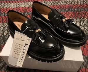 MACNMEUU Women’s Chunky Heel Loafers Patent Faux Leather Tassel Black Sz 7.5 NWT - Picture 1 of 10