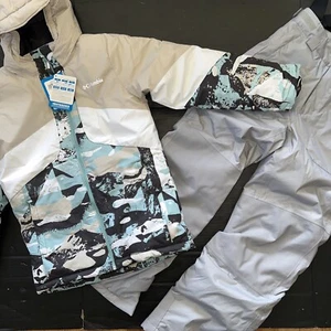 NWT COLUMBIA youth BOY GIRL ski SNOW JACKET+PANTS GRAY BLUE BEIGE WHITE M 10-12 - Picture 1 of 19