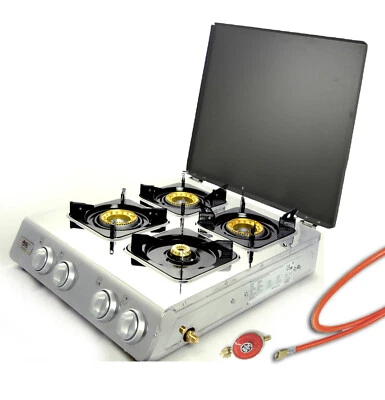 Edelstahl Gaskocher 4 flammig 12 KW mit Deckel Gasherd Campingkocher WOK Kocher - Bild 1 von 4