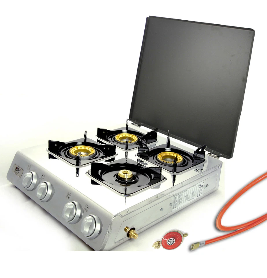 Edelstahl Gaskocher 4 flammig 12 KW mit Deckel Gasherd Campingkocher WOK Kocher - Bild 1 von 4
