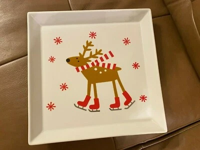 CRATE & BARREL SKATING REINDEER SQUARE Serving Platter 12x12 TRAY HOLIDAY XMAS - Image 1 of 3