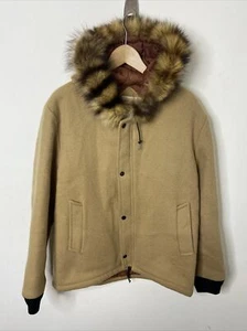 Vintage Hudson’s Bay Co Men M Wool Winter Jacket Fur Trim Hooded Beige Tan - Picture 1 of 12