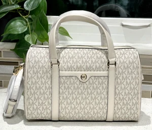 MICHAEL KORS TRAVEL MEDIUM DUFFLE SATCHEL BAG SHOULDER MK CREAM LOGO SIGNATURE - Picture 1 of 14