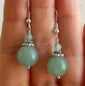 Light 4-12mm Green Aventurine Round Gemstone Earrings 925 Silver Hook Jewelry - Picture 1 of 6