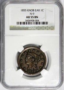 1855 LARGE CENT ~ N-9 KNOB EAR ~ BOLD VARIETY NGC AU55 BN! - Picture 1 of 4
