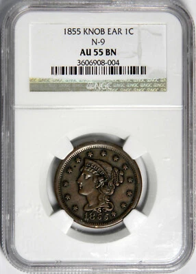 1855 LARGE CENT ~ N-9 KNOB EAR ~ BOLD VARIETY NGC AU55 BN! - Image 1 of 4