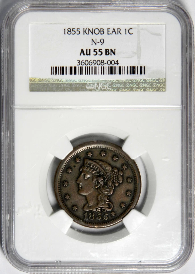 CENTAVO GRANDE 1855 ~ OREJA PERILLA N-9 ~ VARIEDAD AUDAZ NGC AU55 BN! Foto 1 de 4