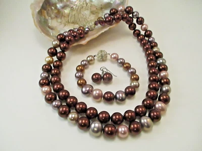 Conjunto de pulsera y pendiente collar de perlas tamaño grande imitación agua dulce bronce cadena doble Foto 1 de 4