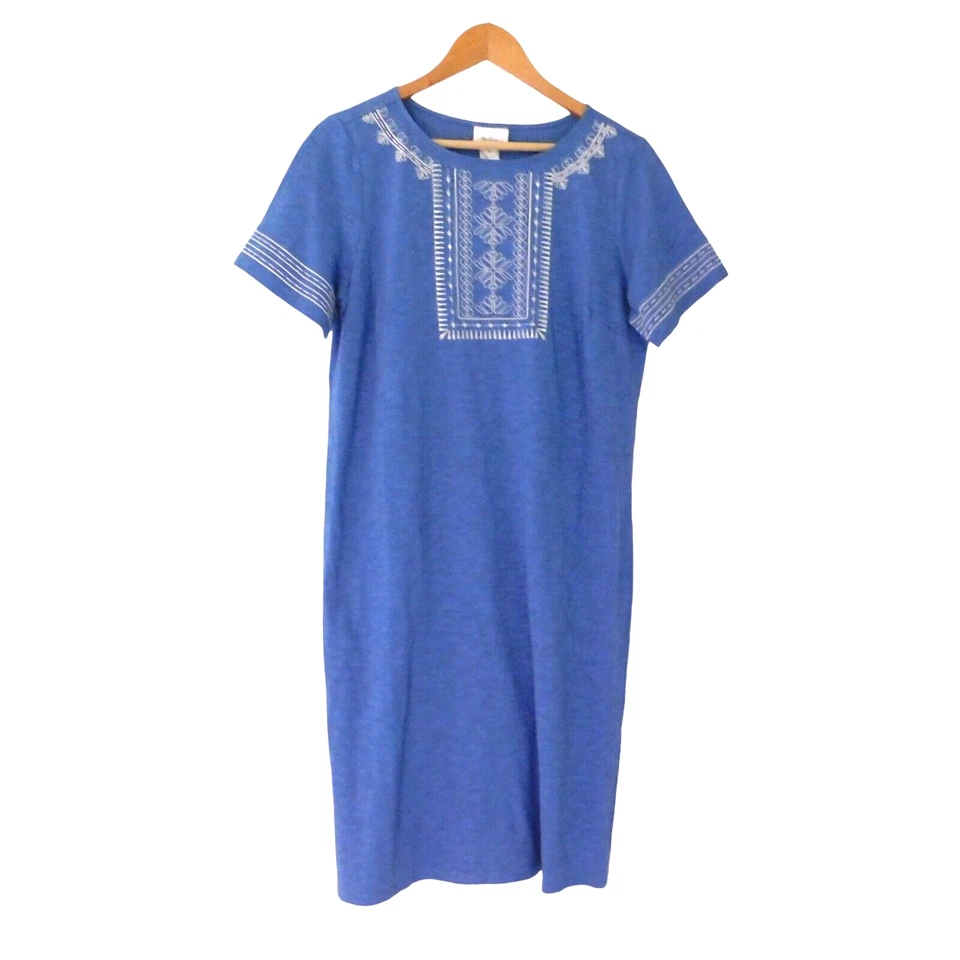 NEW Womens T shirt Dress Embroidery Blue White Short Sleeve Pockets Medium Boho - Image 1 of 4