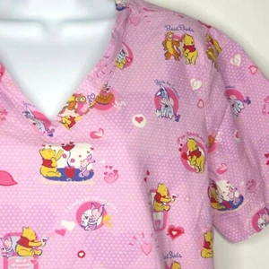 Disney Large Scrub Top Pink Valentine Winnie Pooh Tigger Piglet Medical Dental - Picture 1 of 6