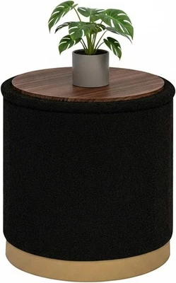 Black Boucle Round Storage Ottoman Large Foldable Footrest with Tray Lid - Image 1 of 4