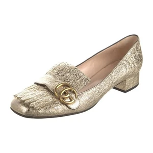 Gucci Gold Crackle Leather Marmont Platino Loafer Mid-Heel Pumps Size 41.5 EU - Picture 1 of 12