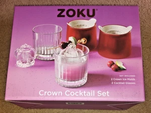 ZOKU Crown Cocktail Set with 2 Large Ice Cube Molds & 2 Whiskey Glasses  NOB - Picture 1 of 6