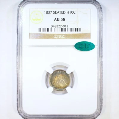 1837 H10C No Stars NGC/CAC AU58 Rainbow Toned - Liberty Seated Half Dime - Image 1 of 4