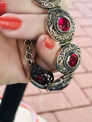 ❤️VINTAGE "WOW" STERLING  TENNIS BRACELET WITH HOT RED STONE 7.5 X3/4” - Image 1 of 4