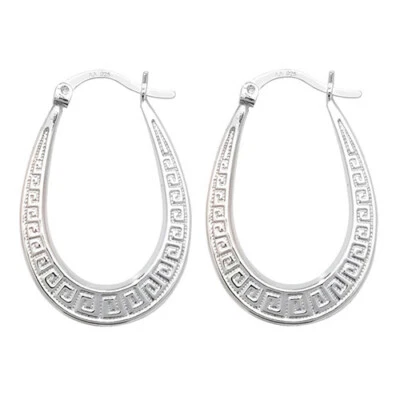 925 Sterling Silver Oval Ladies Greek Style Patterned Creole Hoop Earrings 2.36g - Image 1 of 4