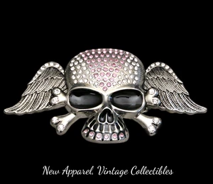 Nuevo hebilla de cinturón gótico brillante calavera y huesos alados de 7" para mujer para cinturones de 1,5" de ancho - Imagen 1 de 5