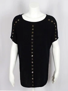 Womens VOCAL Beautiful Black Short Sleeve Striped Gold Eyelets Plus Size Top - Picture 1 of 4
