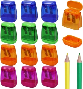 12 Pcs Double Hole Pencil Sharpeners, Manual Pencil Sharpeners with Lid, Colored - Picture 1 of 7