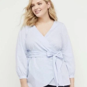 Lane Bryant Gingham Poplin Wrap Blouse Blue White 16 D2 - Picture 1 of 7