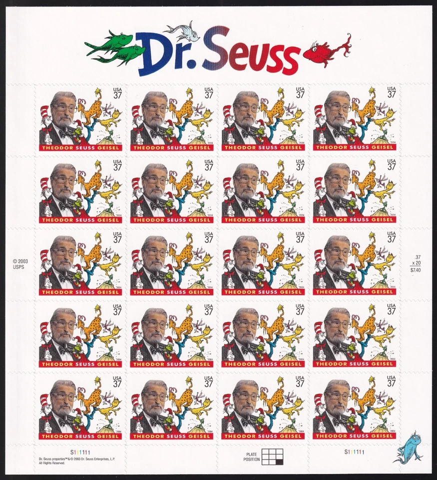 Scott #3835 Dr. Seuss (Cat In The Hat) Sheet of 20 Stamps - MNH - Image 1 of 1
