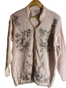 Jenny Button V-Sweater Ivory Pink Cardigan Embroidered Pearl Medium - Picture 1 of 8