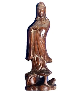 Guanyin Kwan Yin Hand Carved Wood Figure On Dragon Fish Statue 7 Inches Tall - Picture 1 of 6
