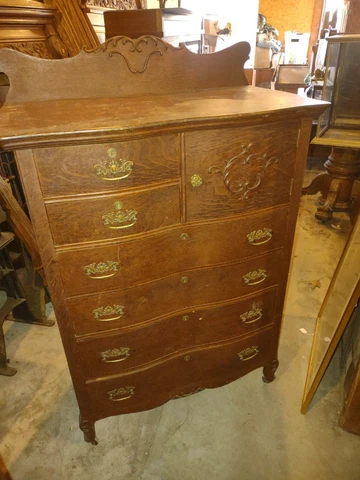 Antique Quartered Oak Highboy dresser carved Serpentine front carved hat box Cover
