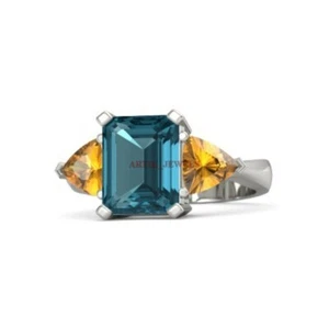 Natural Londres Topacio Azul y Citrino Gema Con 925 Anillo Plata de Ley #3976 - Imagen 1 de 3