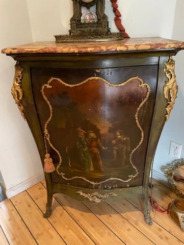 Vintage Antique French Chest with Marble Top and Hand Painted Scene Cover
