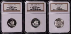 2005-P&S SMS, Clad, & Silver Kansas State Quarter Set NGC MS-67 & PF-69/70 UC - Picture 1 of 2