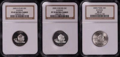 2005-P&S SMS, Clad, & Silver Kansas State Quarter Set NGC MS-67 & PF-69/70 UC - Image 1 of 2