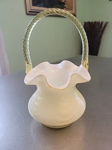 Fenton Glass Yellow Overlay 8.5" Basket Yellow Handle Signed With Original Tag - Picture 1 of 16
