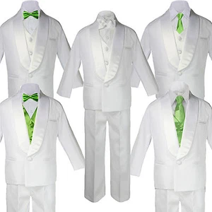 Baby White Satin Shawl Lapel Suits Tuxedo LIME Satin Bow Necktie Vest Set - Picture 1 of 7