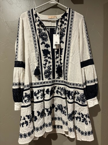 Abito Tory Burch Gabriella ricamato occhielli bianco blu navy cotone tg 4 boho