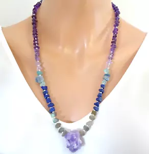 Crystal Beaded Necklace Natural Gemstone Jewellery Amethyst Third Eye Chakra - Picture 1 of 21