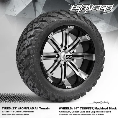 4x GOLF CART 14"x7" MACHINED TEMPEST WHEELS and 23"x10"-14" IRONCLAD A/T TIRES Foto 1 de 4