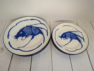 Vintage Goldfish Brand Enamelware Koi Plates Made In China 6-8", 6-6.25" Plates - Picture 1 of 7