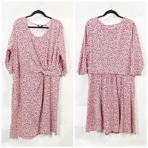 Land's End 2X Plus Womens Pink White Print Rouched Gatered Stretch Midi Dress - Picture 1 of 6
