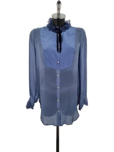 Lanvin Blue Silk Blouse Ruffled Collar Button Up Size 40 - Picture 1 of 8