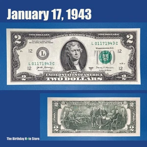 January 17, 1943 Birthday Anniversary $2 Two Dollar Bill Serial Number 01171943 - Picture 1 of 2