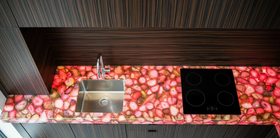 Natural Pink Agate Kitchen or Vanity Countertop – Handmade Gemstone Surface - Image 1 of 4